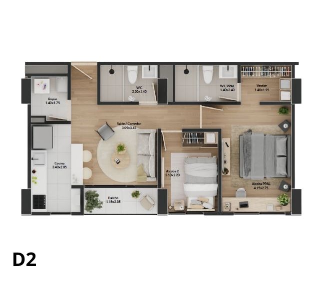 Apartamento de 2 Habitaciones.