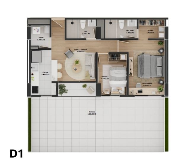 Apartamento de 2 Habitaciones con terraza.